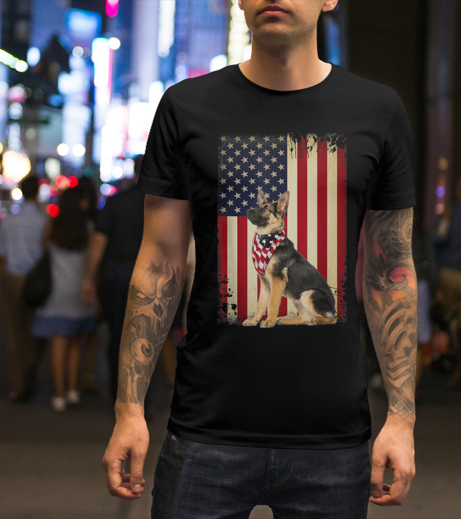 German Shepherd Wearing American Flag Bandana In Front Of Vintage American Flag T-Shirt