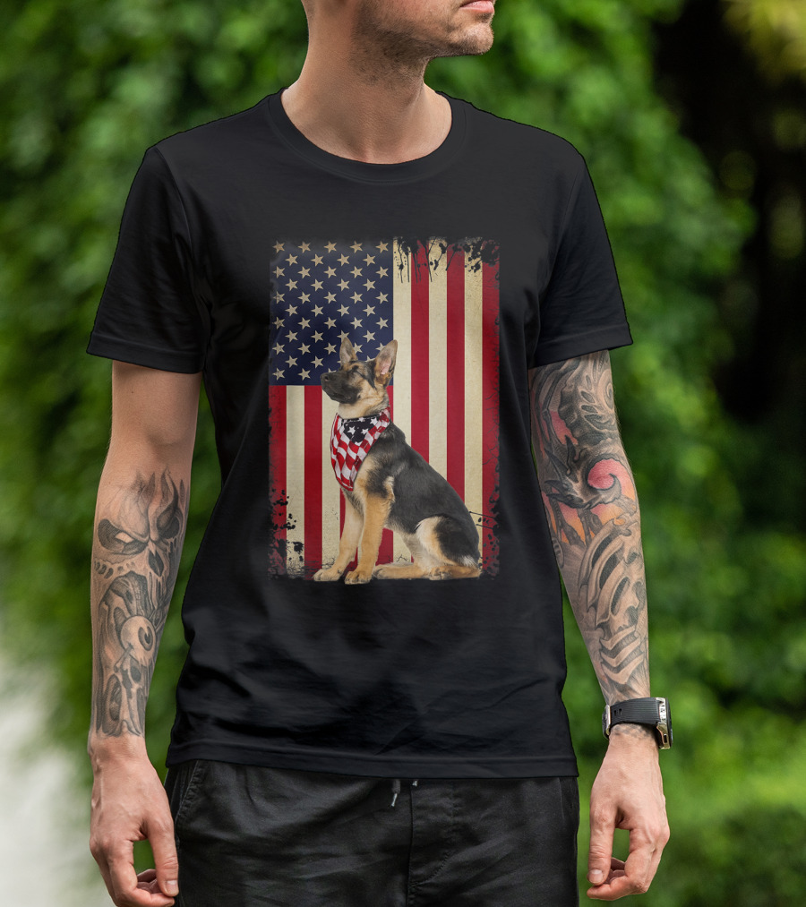 German Shepherd Wearing American Flag Bandana In Front Of Vintage American Flag T-Shirt