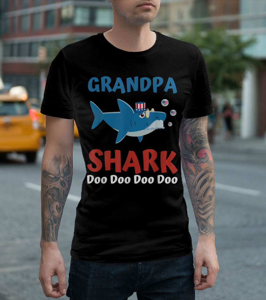 Grandpa Shark Doo Doo Doo Doo Patriotic Stars Stripes Hat Bubbles T-Shirt