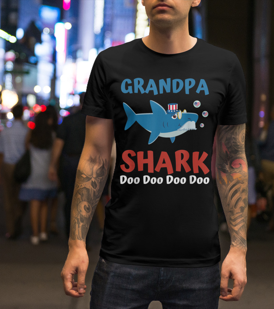 Grandpa Shark Doo Doo Doo Doo Patriotic Stars Stripes Hat Bubbles T-Shirt