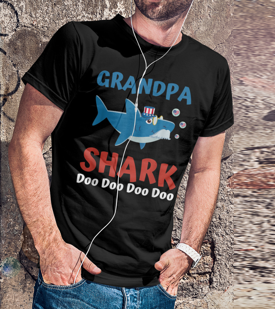 Grandpa Shark Doo Doo Doo Doo Patriotic Stars Stripes Hat Bubbles T-Shirt