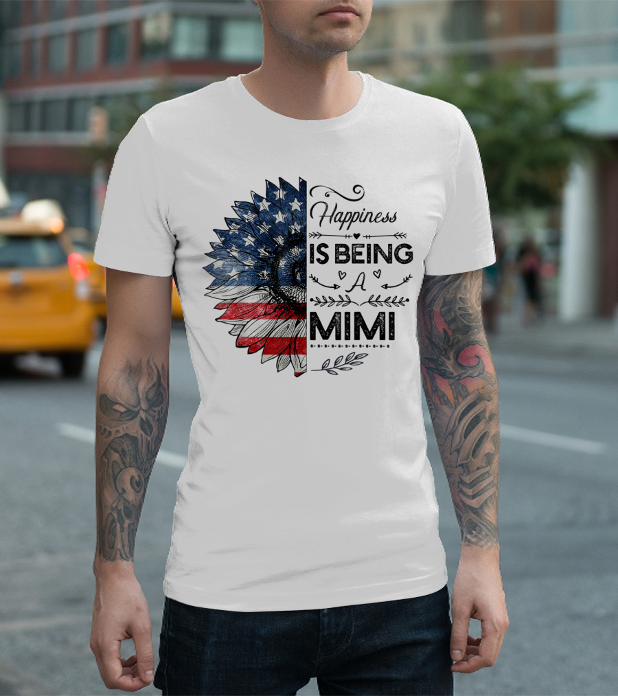 Happiness Is Being A Mimi American Flag Sunflower T-Shirt