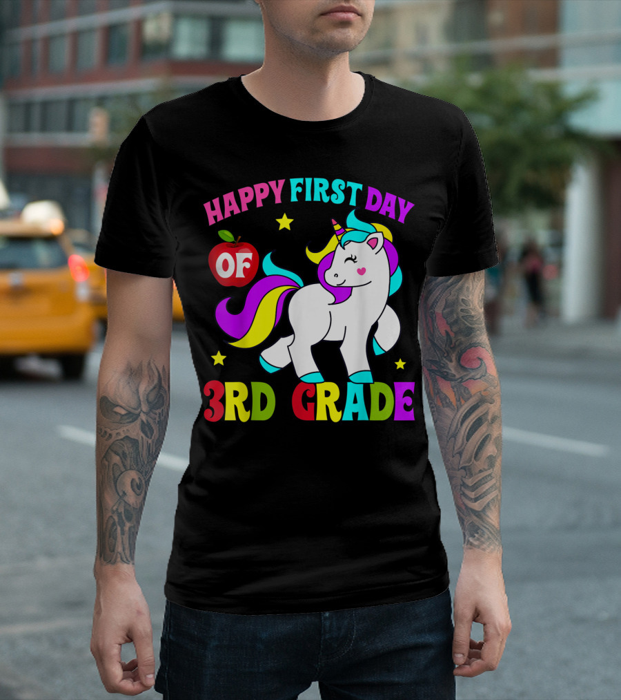 Happy First Day Of 3rd Grade Unicorn With Colorful Stars And Apple T-Shirt