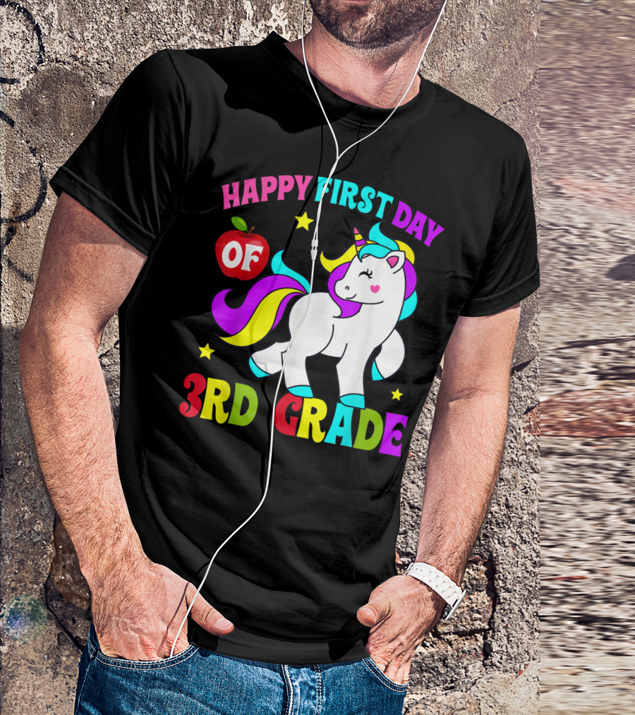 Happy First Day Of 3rd Grade Unicorn With Colorful Stars And Apple T-Shirt