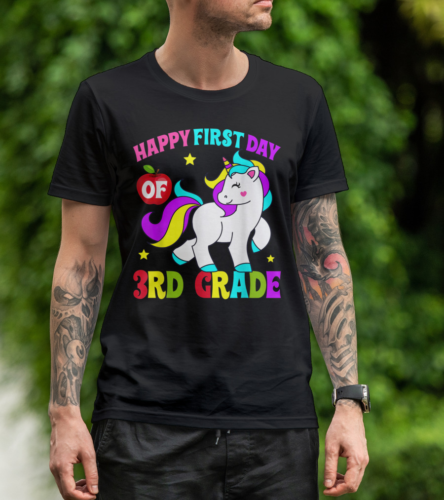 Happy First Day Of 3rd Grade Unicorn With Colorful Stars And Apple T-Shirt