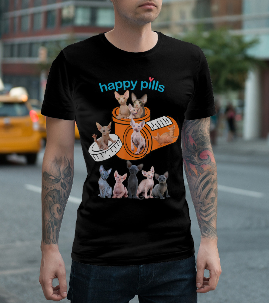 Happy Pills Cat Lover Sphynx Cats Popping from a Bottle T-Shirt