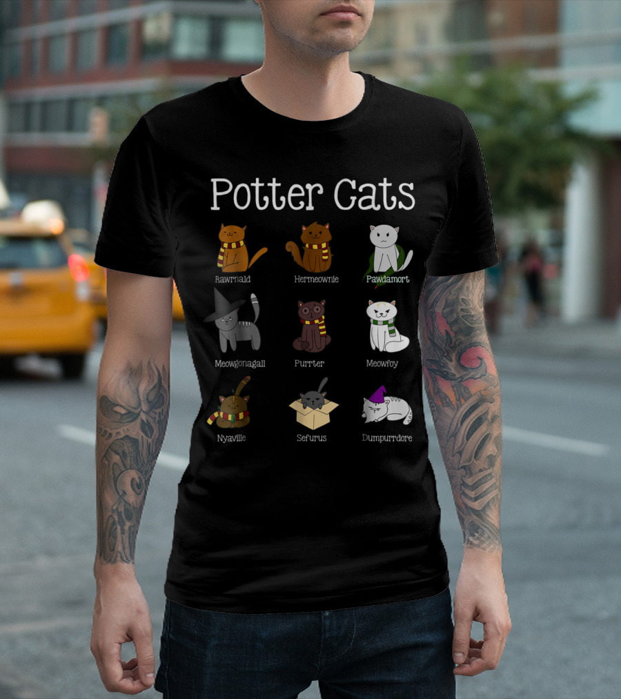 Harry Pawter Rawrnald Hermeownie Pawdamort Meowgonagall Purrter Meowfoy Nyaville Sefurus Dumpurrdore Potter Cats T-Shirt
