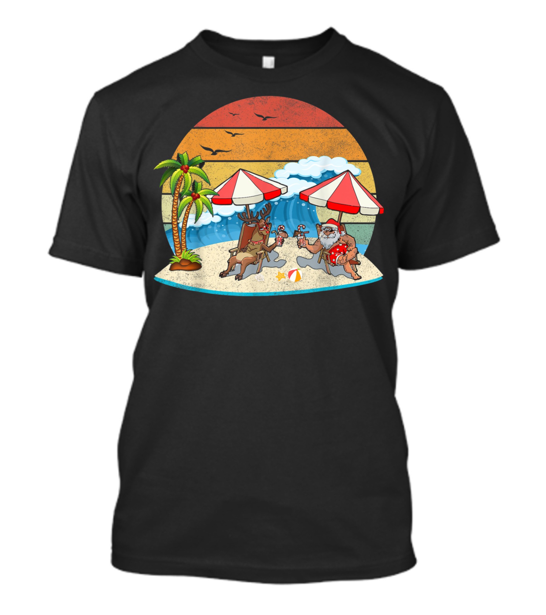 Hawaiian Summer Party Santa And Reindeer Beach Vibes Retro Scene T-Shirt