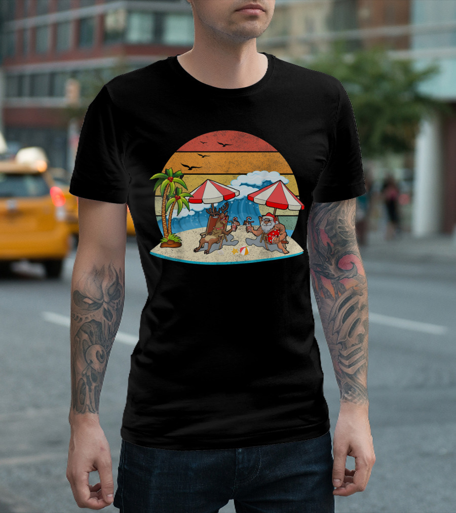 Hawaiian Summer Party Santa And Reindeer Beach Vibes Retro Scene T-Shirt