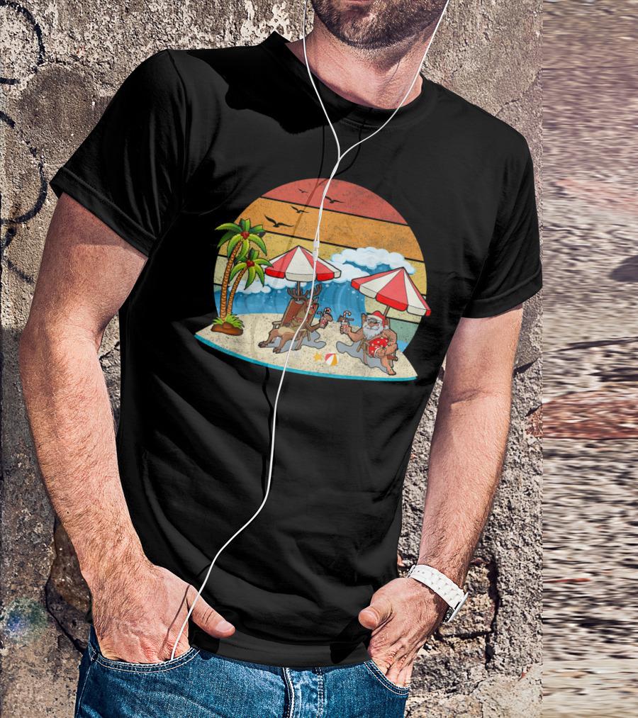 Hawaiian Summer Party Santa And Reindeer Beach Vibes Retro Scene T-Shirt