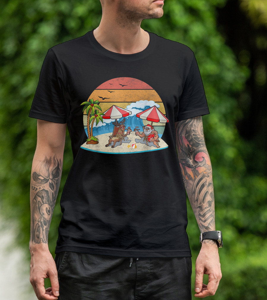 Hawaiian Summer Party Santa And Reindeer Beach Vibes Retro Scene T-Shirt