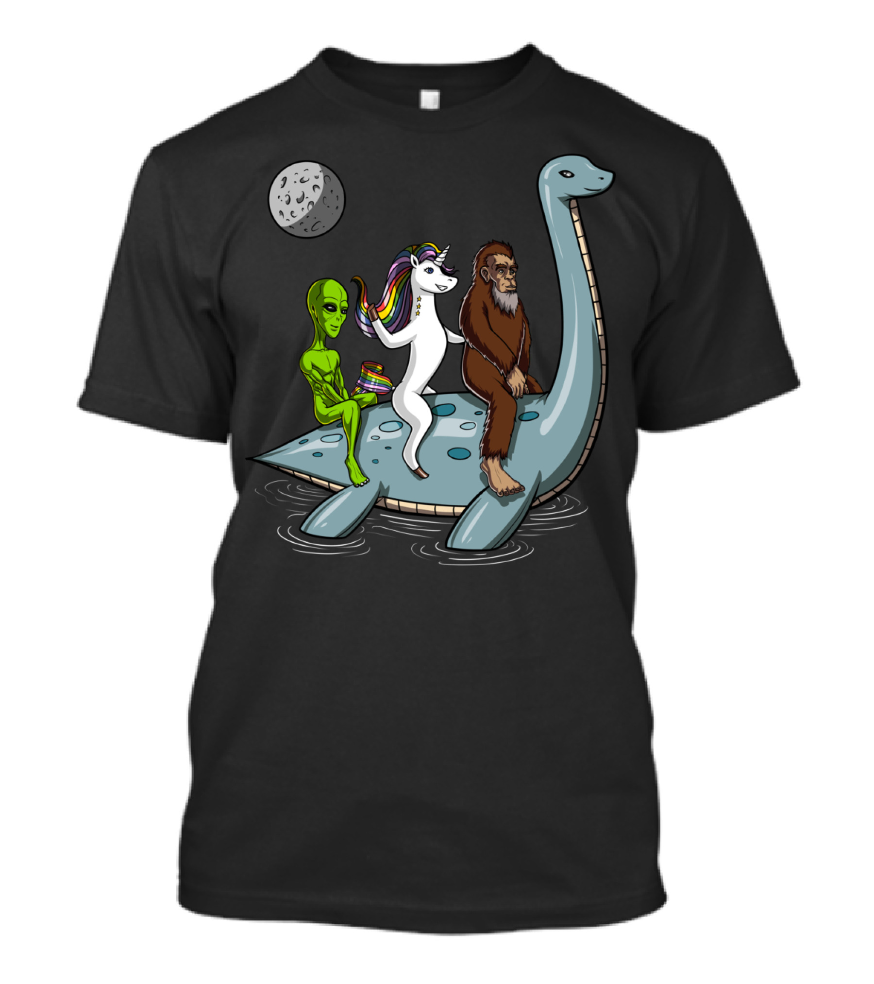 Alien Bigfoot Unicorn Riding Loch Ness Monster Under Moon T-Shirt