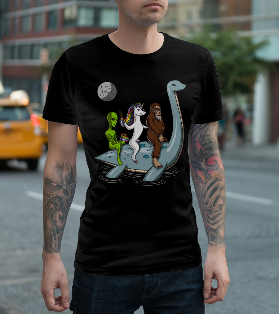 Alien Bigfoot Unicorn Riding Loch Ness Monster Under Moon T-Shirt