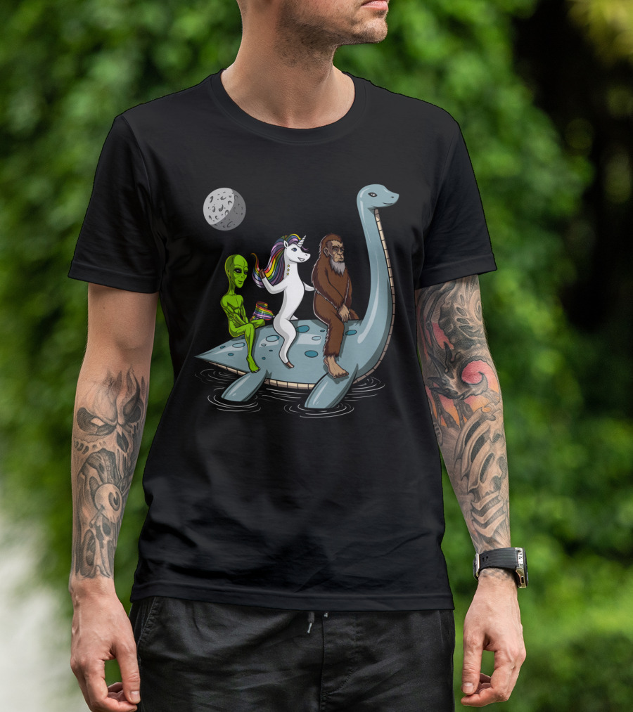 Alien Bigfoot Unicorn Riding Loch Ness Monster Under Moon T-Shirt