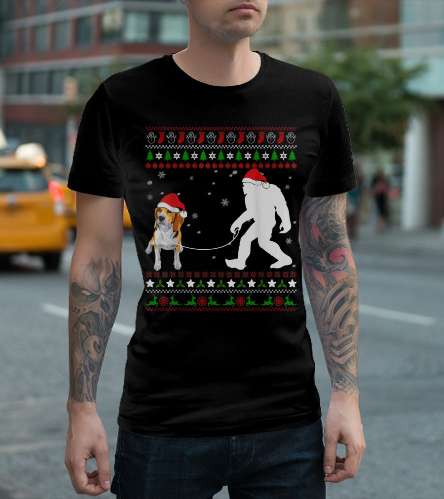 Beagle with Santa Hat Walking Bigfoot Ugly Christmas T-Shirt