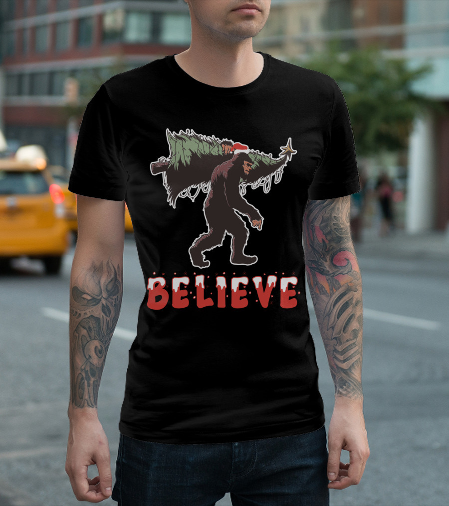 Believe Bigfoot Santa Hat Christmas Tree T-Shirt