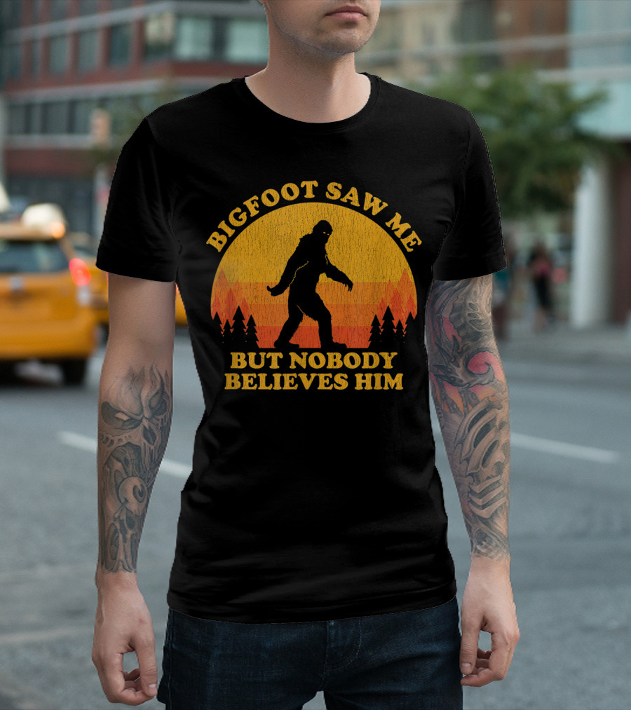 Bigfoot Saw Me But Nobody Believes Him Silhouette Trees Retro Sun Bandana T-Shirt