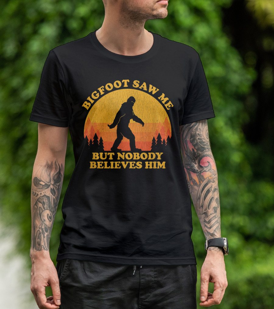 Bigfoot Saw Me But Nobody Believes Him Silhouette Trees Retro Sun Bandana T-Shirt
