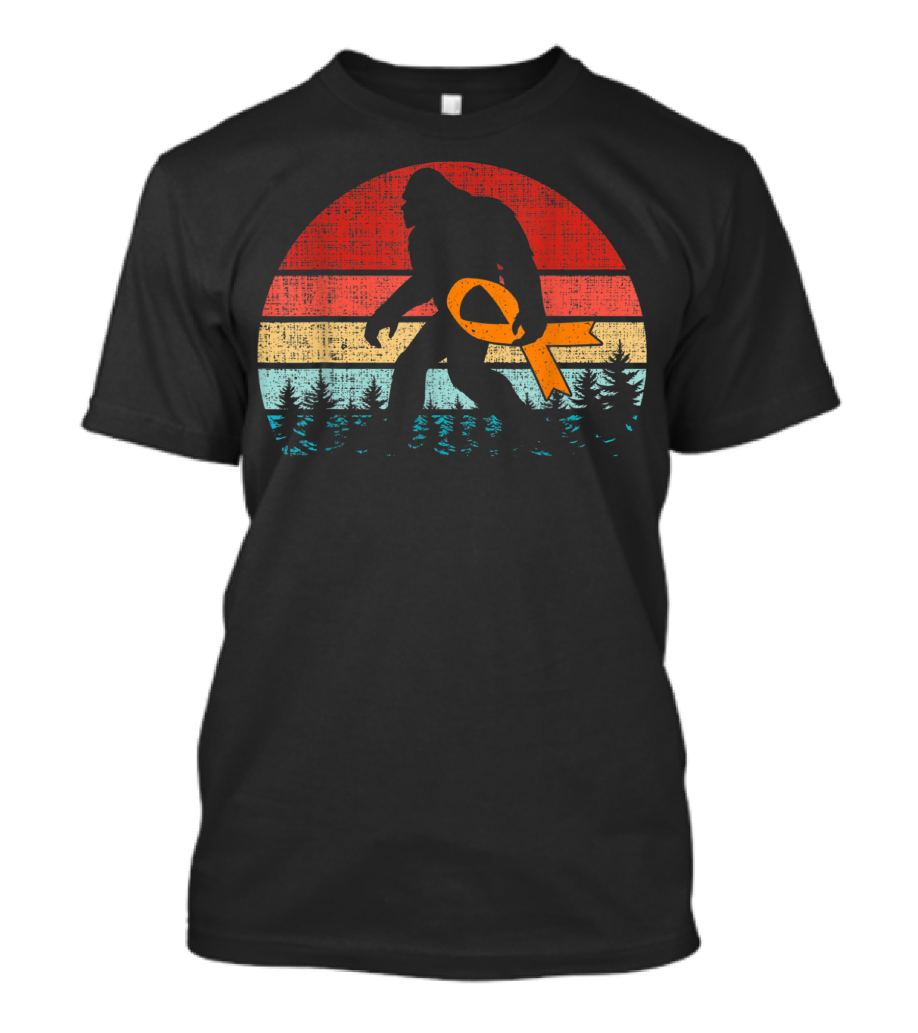 Bigfoot Orange Ribbon Multiple Sclerosis Forest Retro Stripes T-Shirt