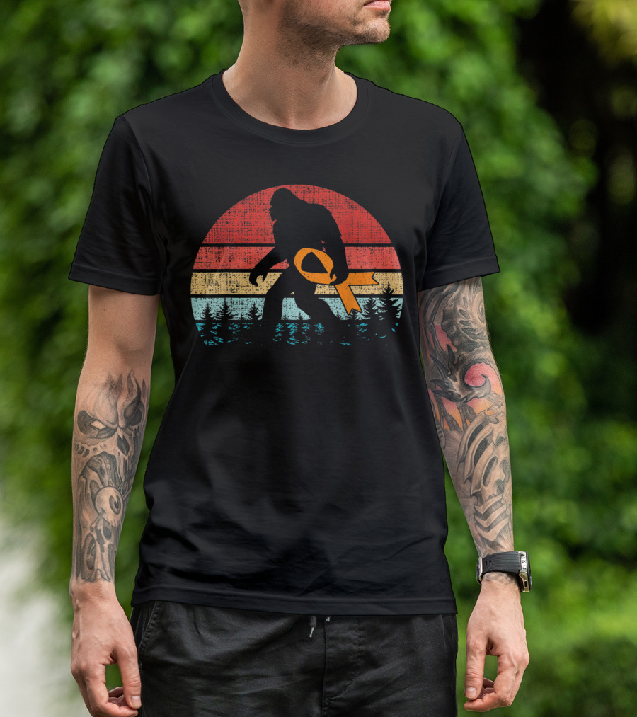 Bigfoot Orange Ribbon Multiple Sclerosis Forest Retro Stripes T-Shirt