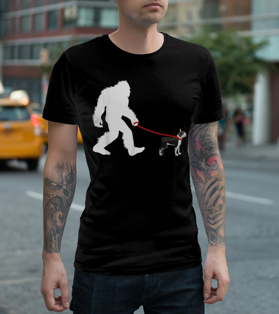Bigfoot Walking Boston Terrier with Red Leash T-Shirt
