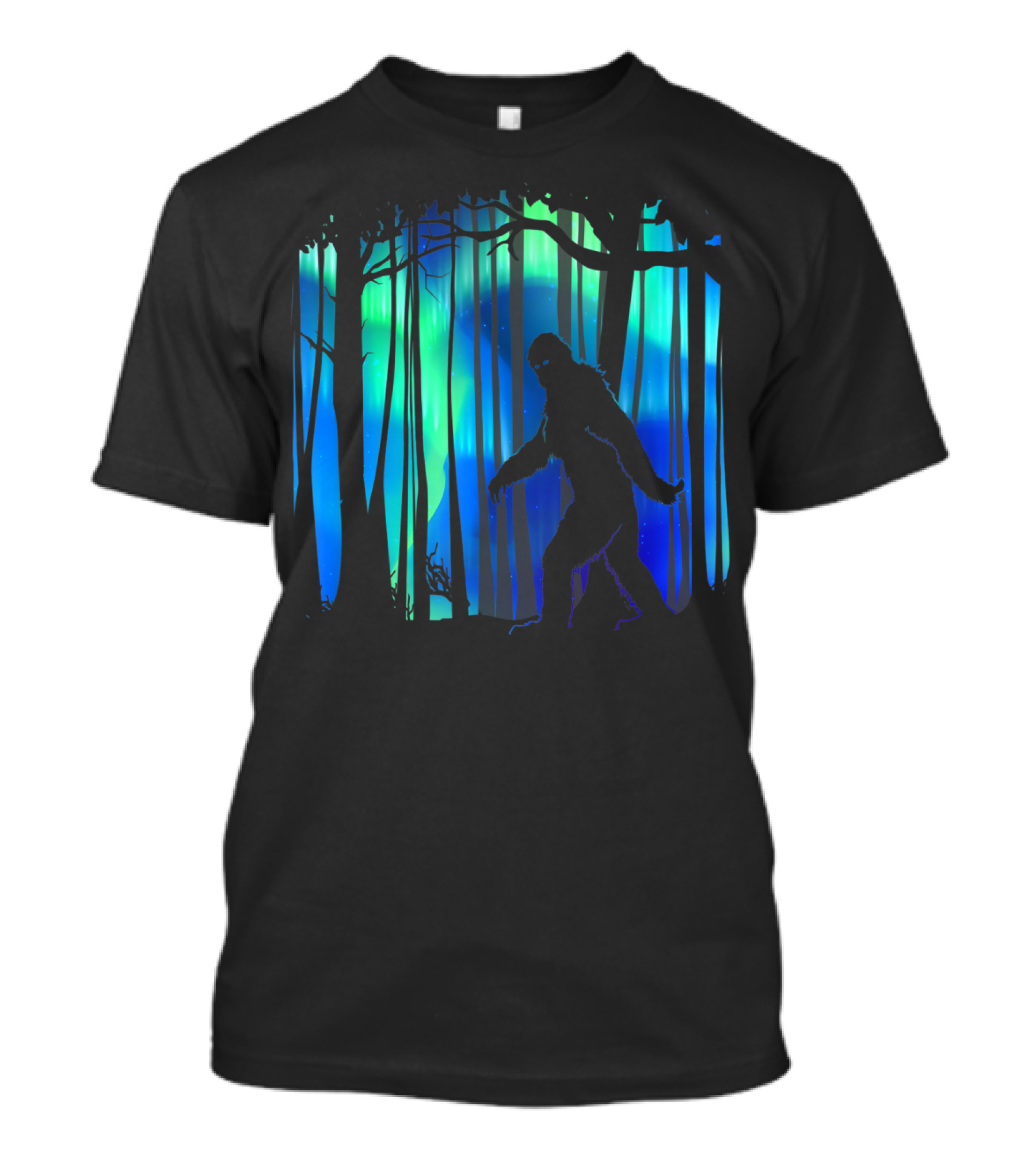 Bigfoot Silhouette Against Northern Lights Aurora Forest Scene T-Shirt