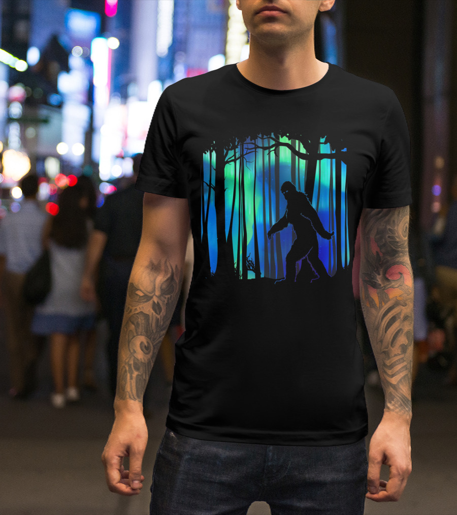 Bigfoot Silhouette Against Northern Lights Aurora Forest Scene T-Shirt