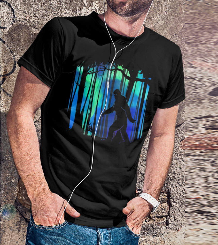 Bigfoot Silhouette Against Northern Lights Aurora Forest Scene T-Shirt