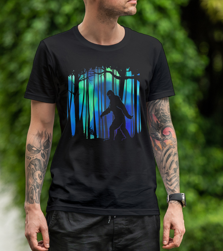 Bigfoot Silhouette Against Northern Lights Aurora Forest Scene T-Shirt