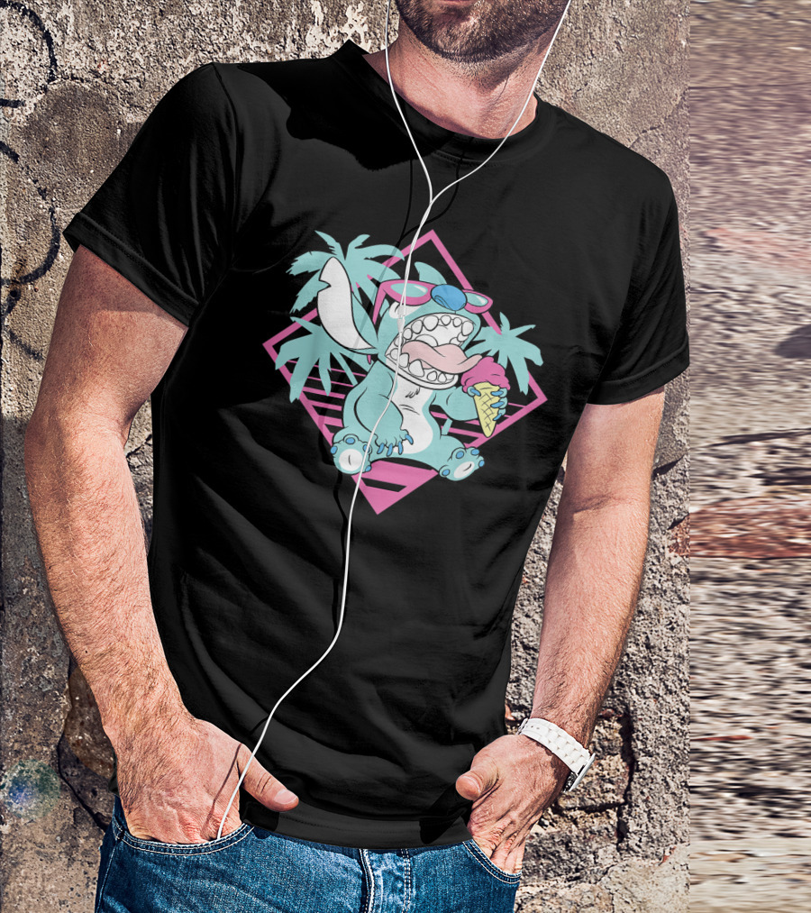 Disney Stitch Ice Cream 90s Beach Palms T-Shirt
