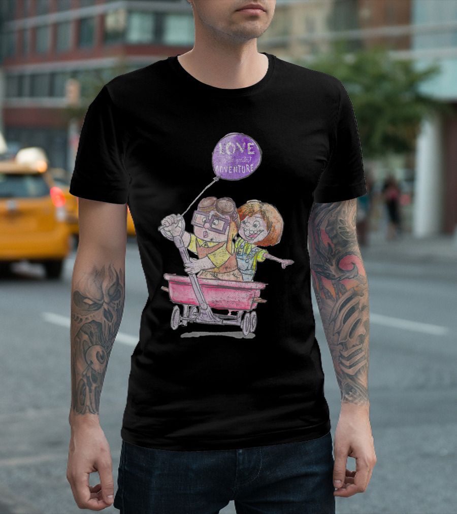Disney Pixar Up Carl Ellie Love Greatest Adventure Wagon Ride Sketch T-Shirt