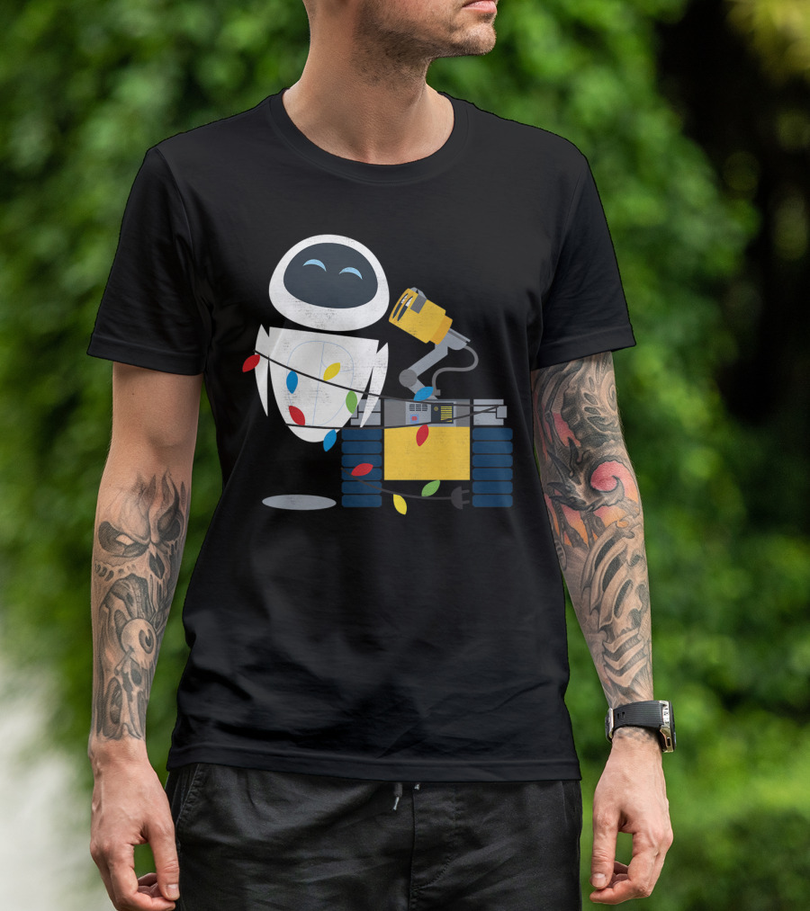 Disney Pixar Wall-E And Eve Christmas Lights Wrap Holiday Scene T-Shirt