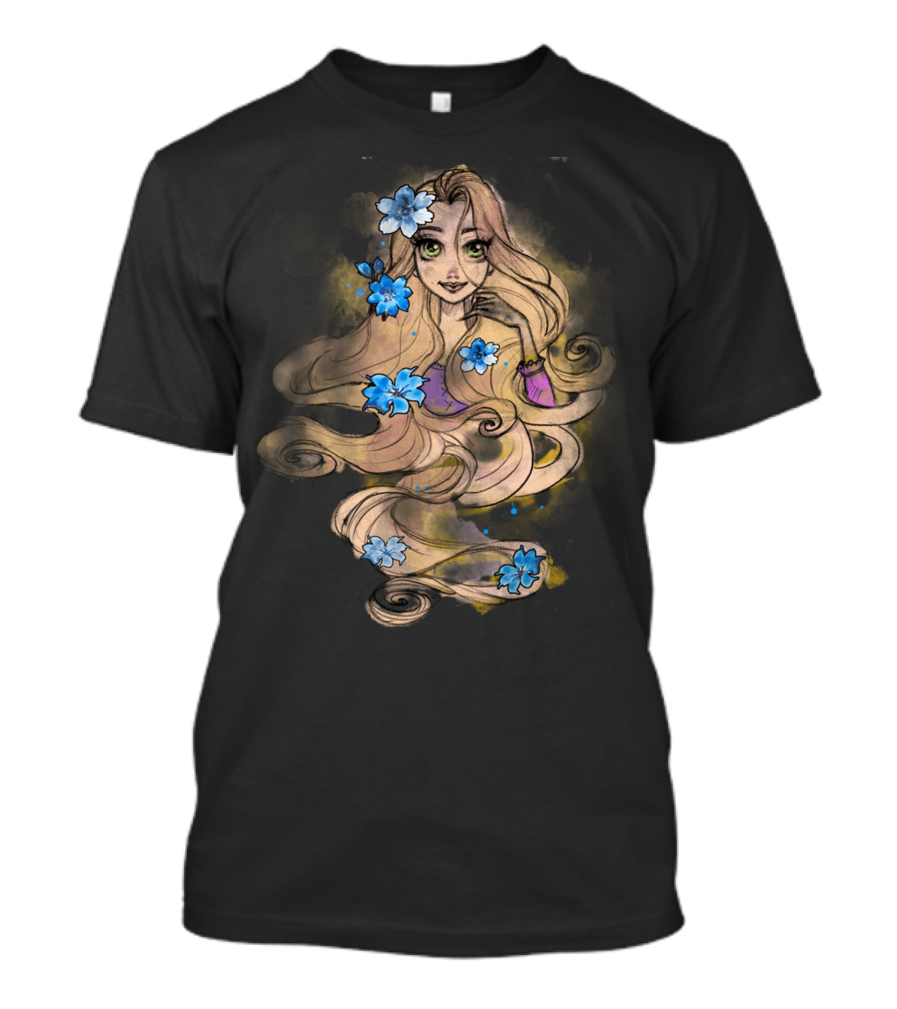 Disney Tangled Rapunzel Watercolors Long Flowing Hair With Blue Flowers T-Shirt