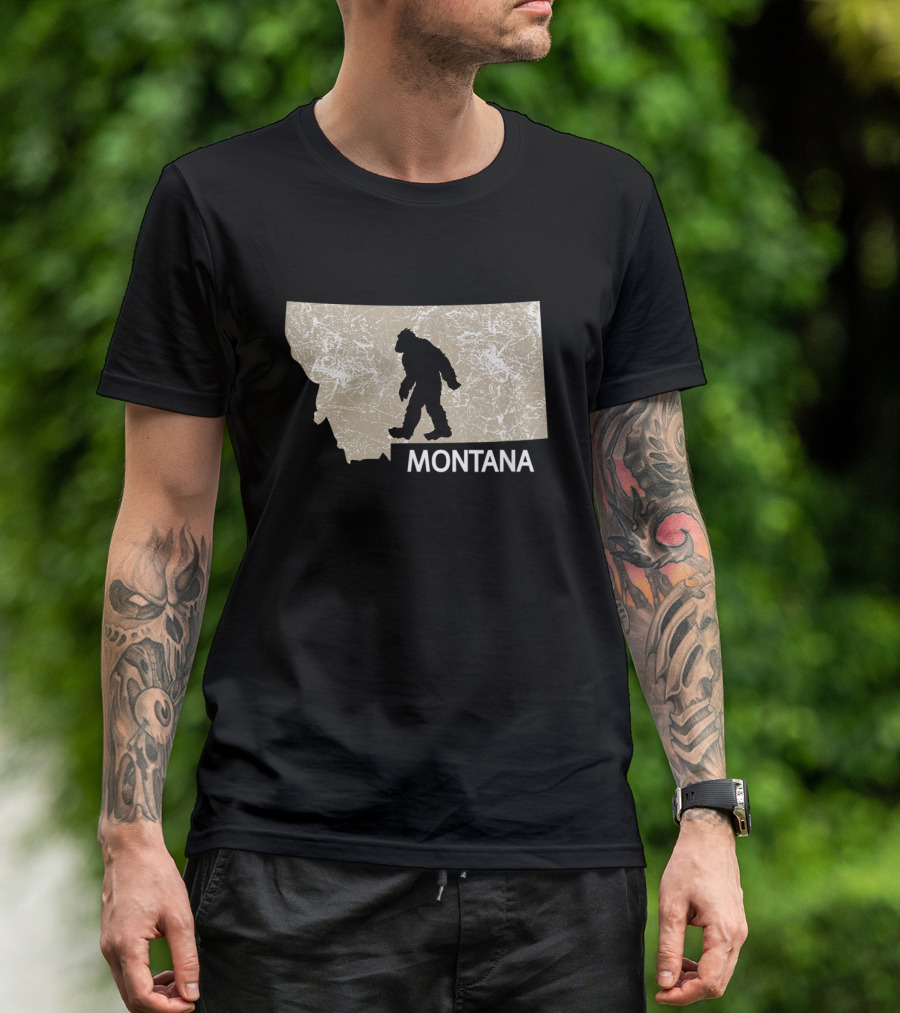 Bigfoot Silhouette On Montana Map I Believe Loves Funny Montana MT T-Shirt