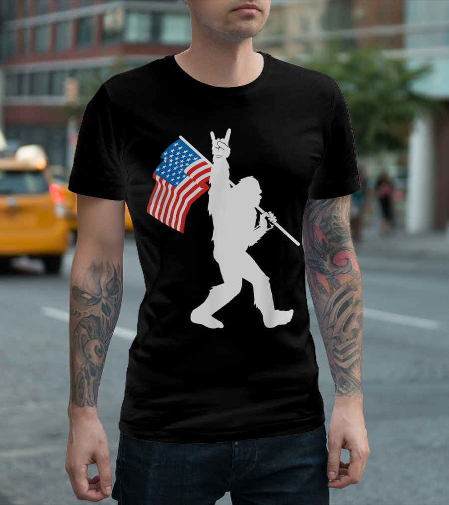 Bigfoot Rock And Roll USA Flag Patriotic Sasquatch Salute T-Shirt