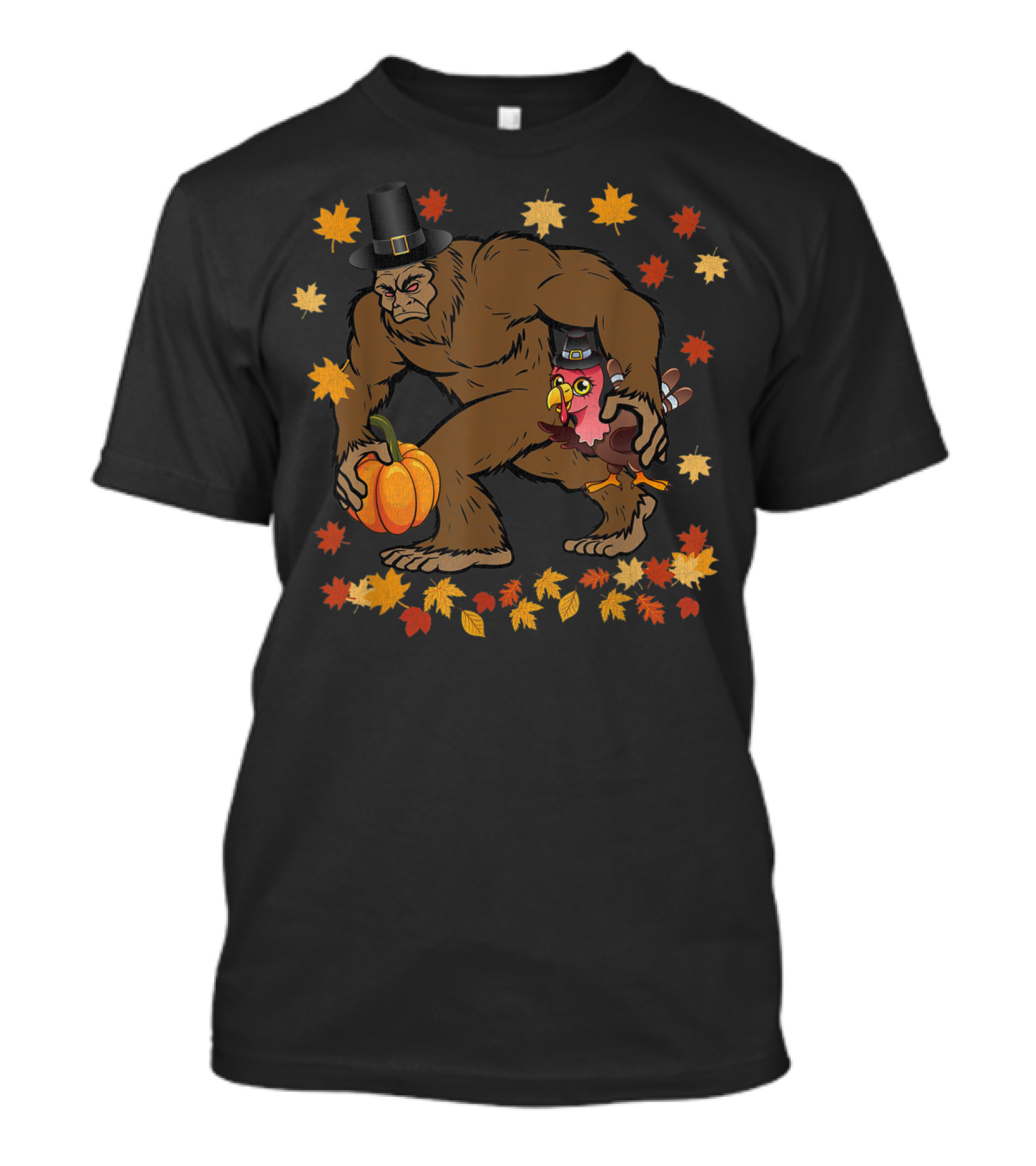 Funny Bigfoot Sasquatch Thanksgiving Pilgrim Turkey Pumpkin Leaves T-Shirt