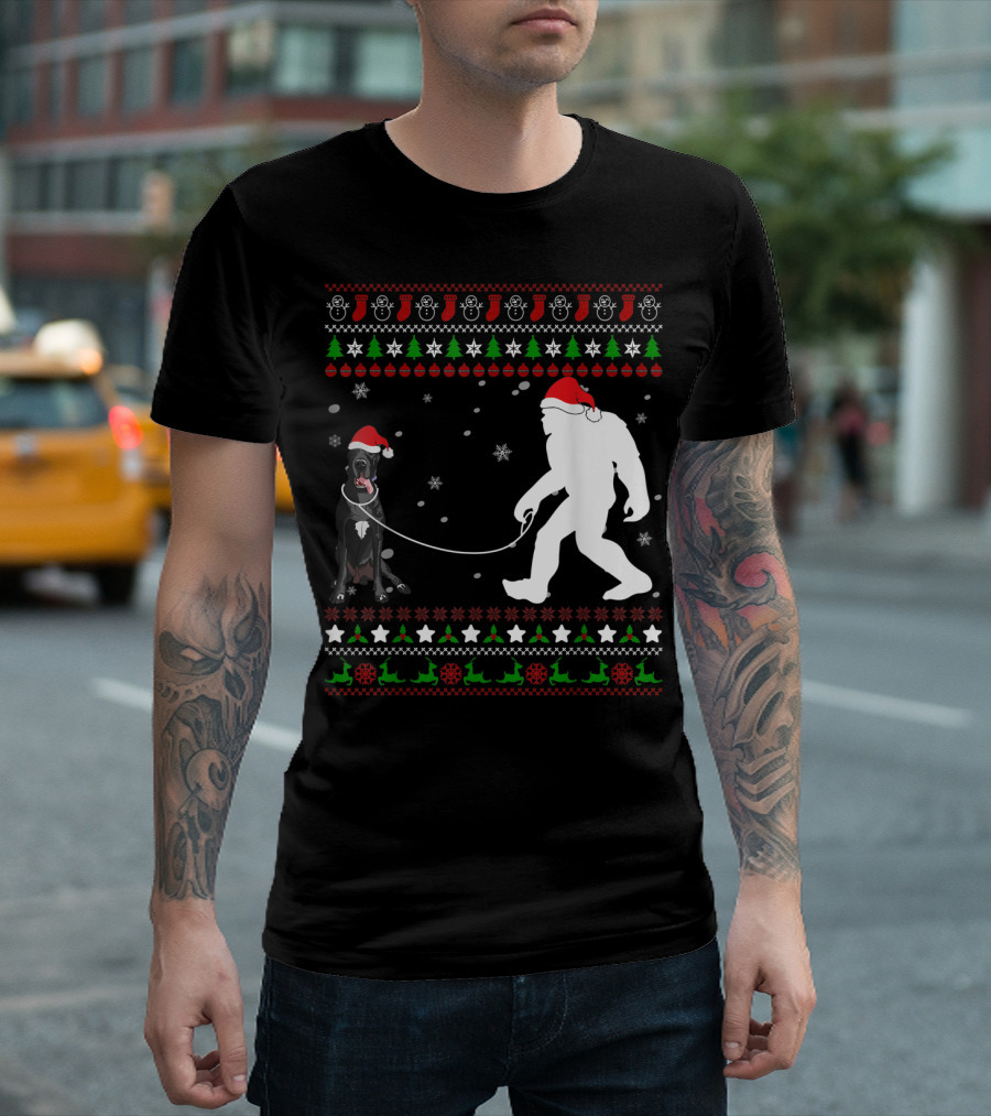 Great Dane with Santa Hat Walking Bigfoot Christmas T-Shirt