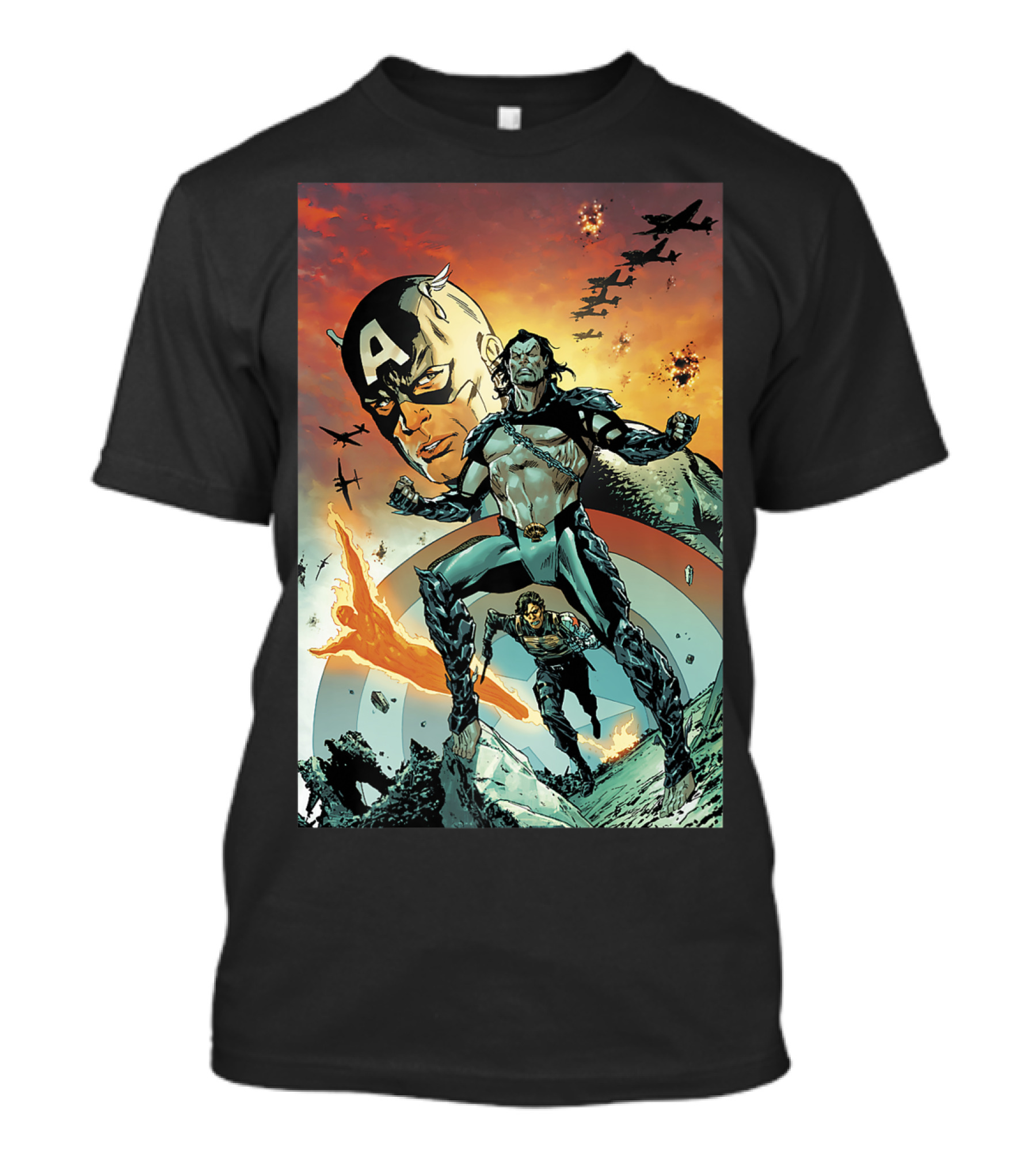 Marvel Comixology Captain America And Namor Action-Packed Showdown With Fighter Planes In Fiery Sky T-Shirt