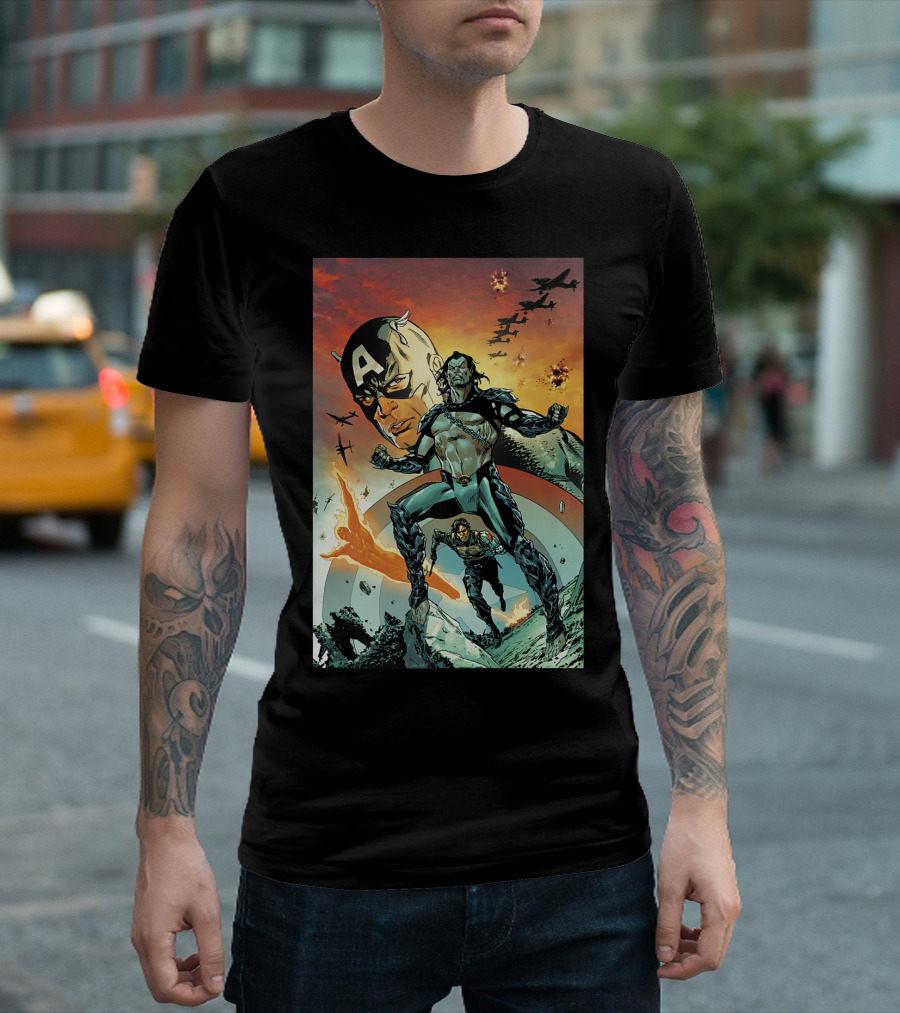 Marvel Comixology Captain America And Namor Action-Packed Showdown With Fighter Planes In Fiery Sky T-Shirt