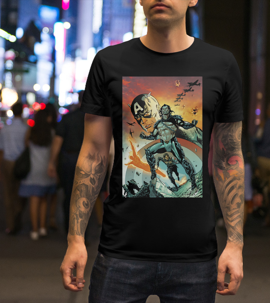 Marvel Comixology Captain America And Namor Action-Packed Showdown With Fighter Planes In Fiery Sky T-Shirt