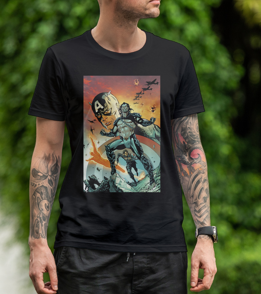 Marvel Comixology Captain America And Namor Action-Packed Showdown With Fighter Planes In Fiery Sky T-Shirt