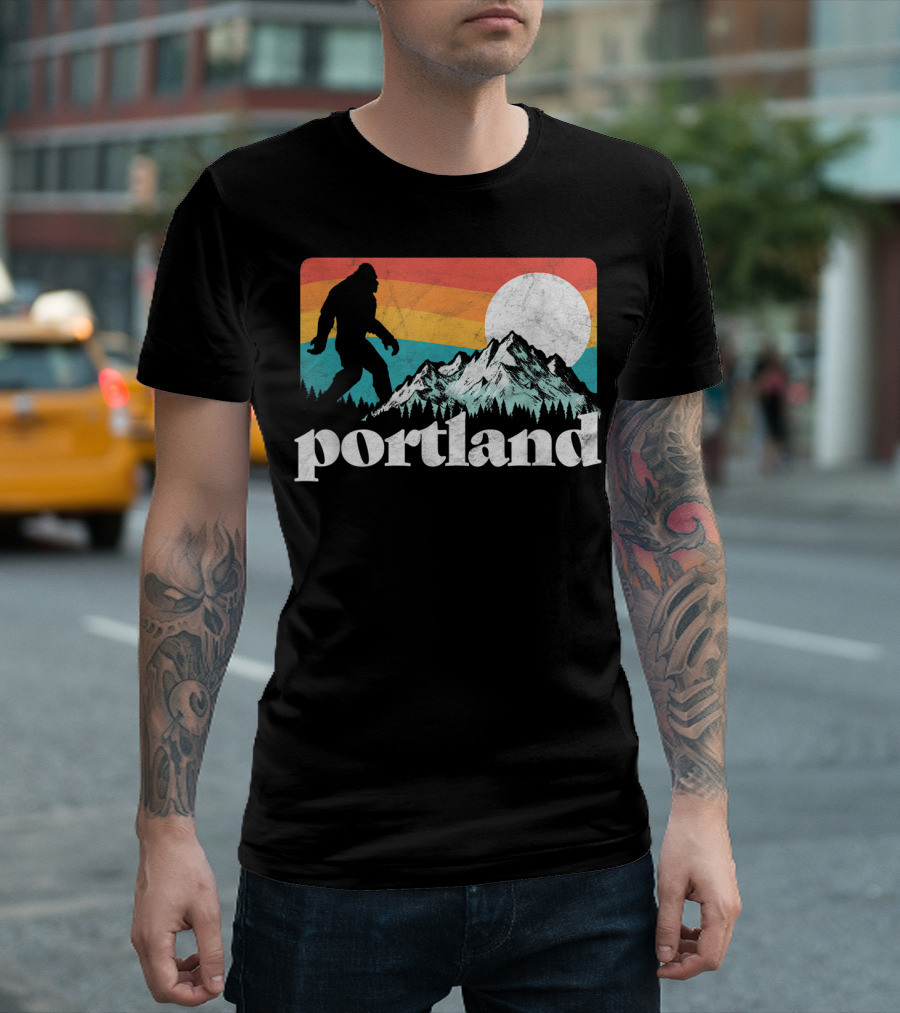 Portland Bigfoot Mountains Retro Sunset Scene T-Shirt