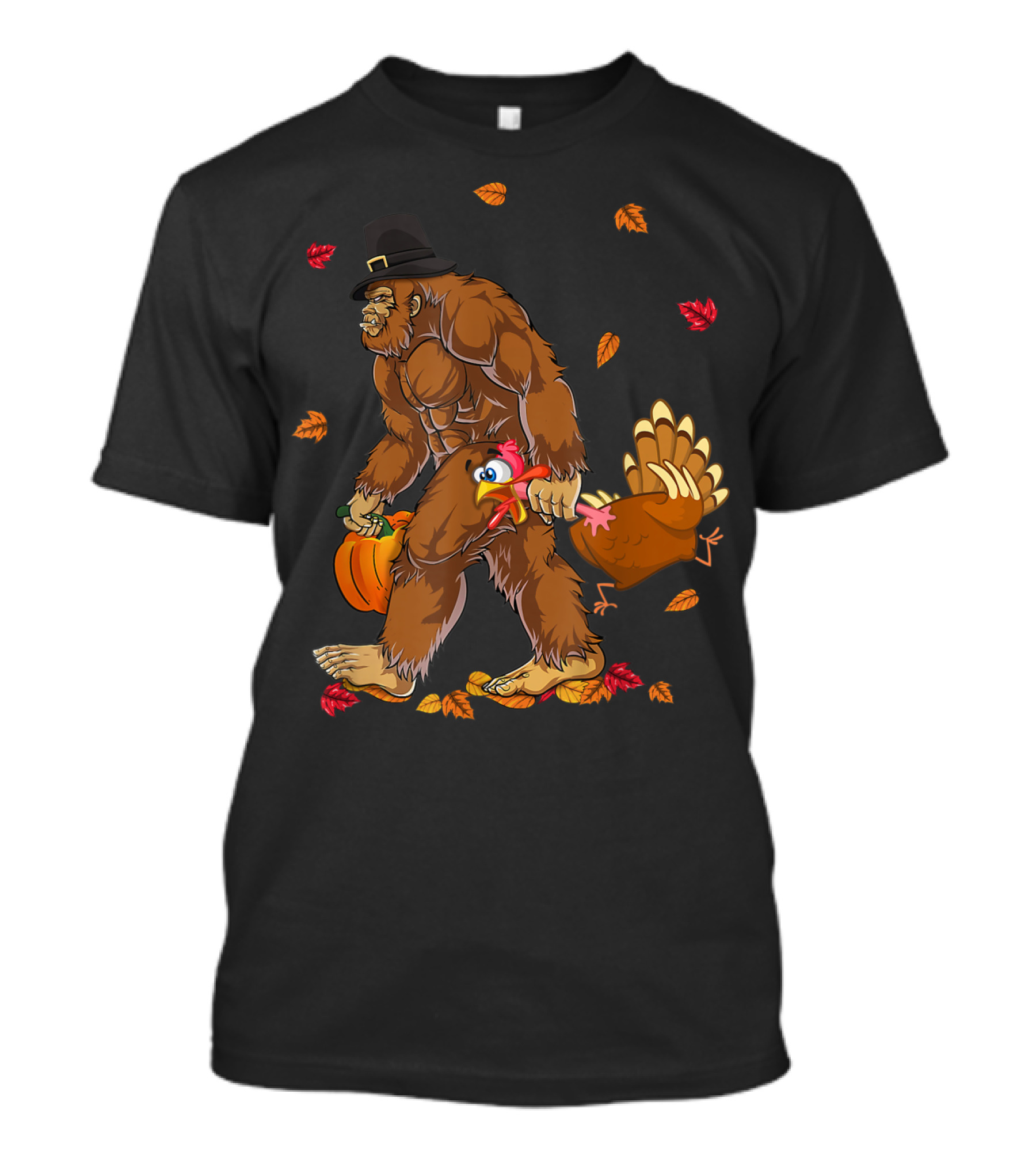 Thanksgiving Pilgrim Bigfoot Carrying Turkey And Pumpkin T-Shirt