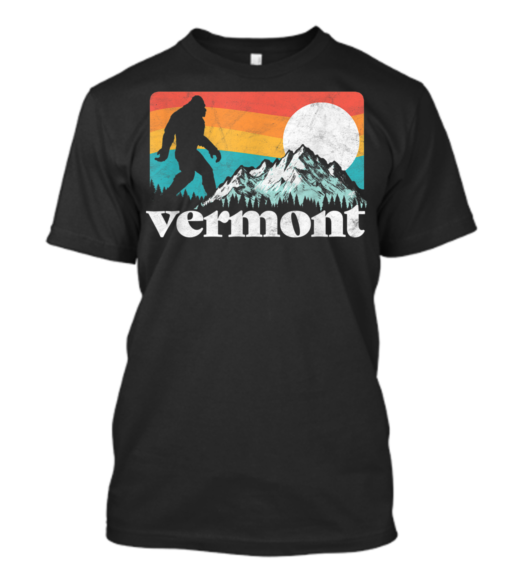 Vermont Bigfoot Silhouette With Mountains And Sun On Vintage Rainbow Background T-Shirt