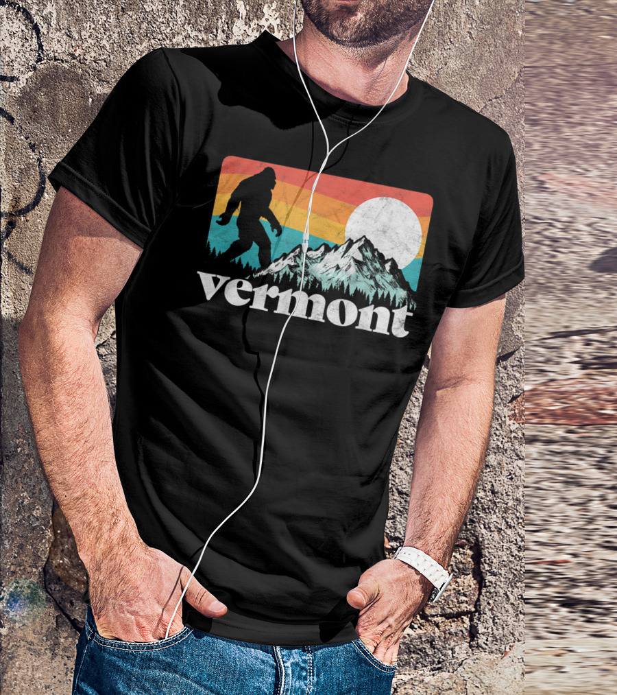 Vermont Bigfoot Silhouette With Mountains And Sun On Vintage Rainbow Background T-Shirt