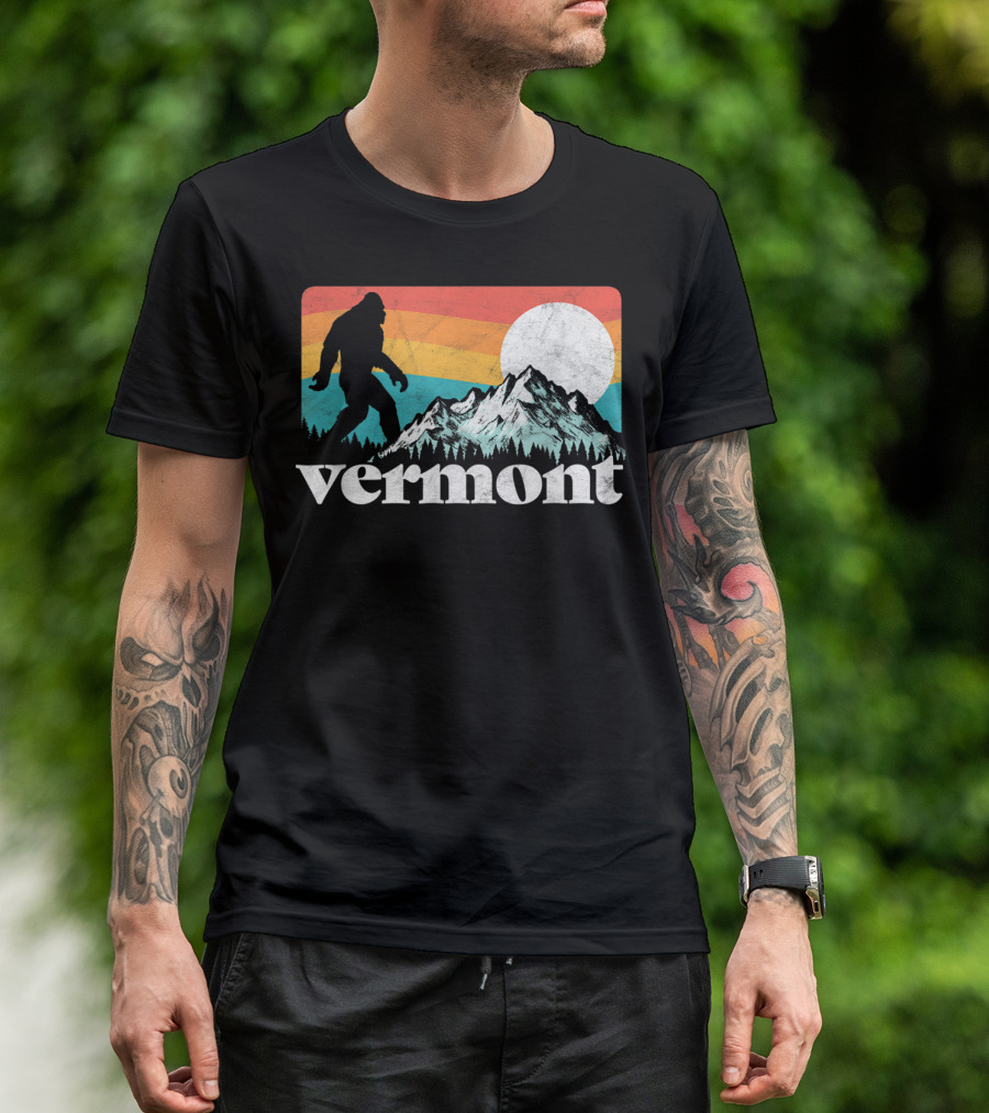 Vermont Bigfoot Silhouette With Mountains And Sun On Vintage Rainbow Background T-Shirt