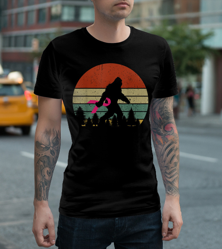 Vintage Bigfoot Pink Ribbon Retro Sunset T-Shirt