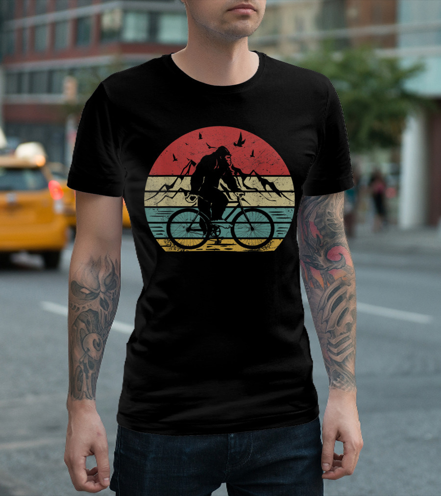 Bigfoot Sasquatch Cycling Vintage Mountain Scene T-Shirt