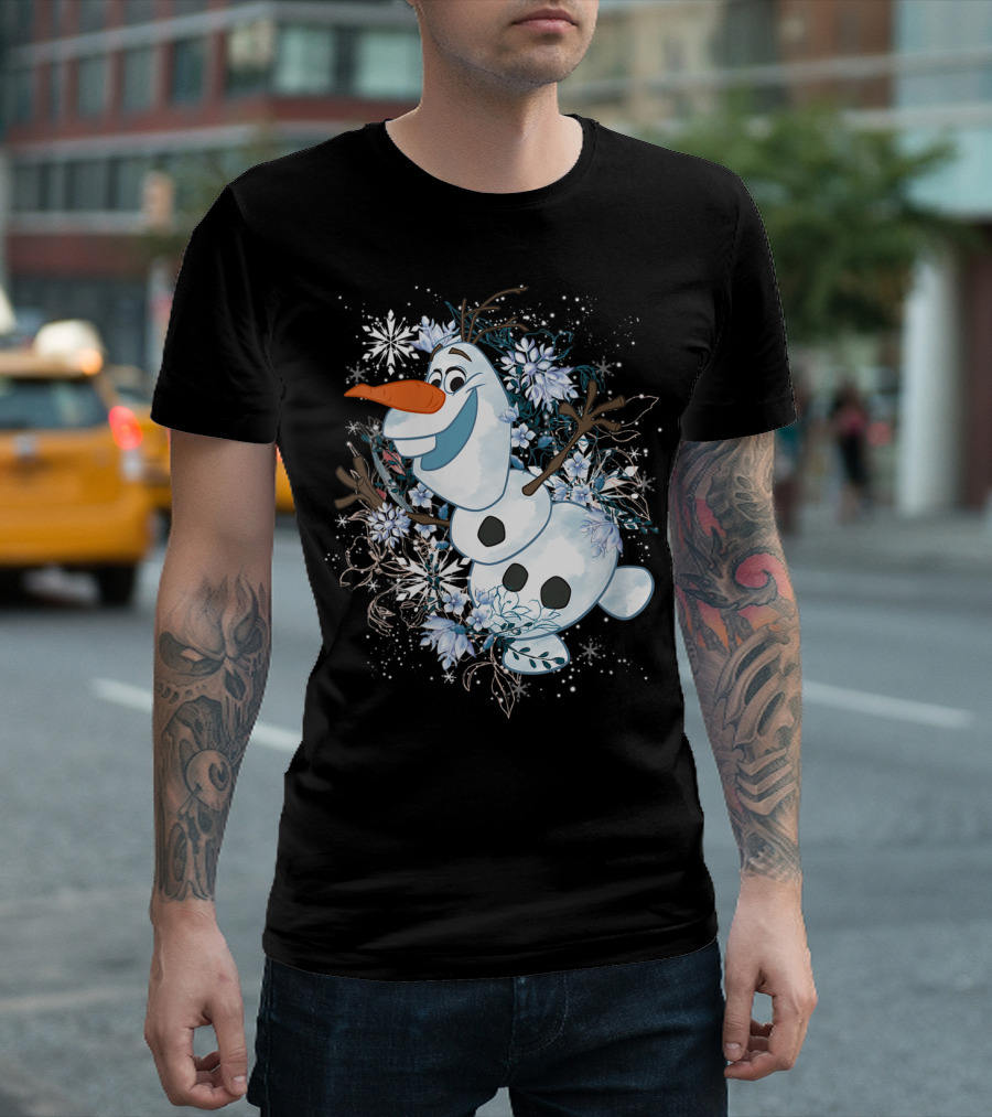 Frozen Olaf Surrounded by Snowflakes and Flowers T-Shirt