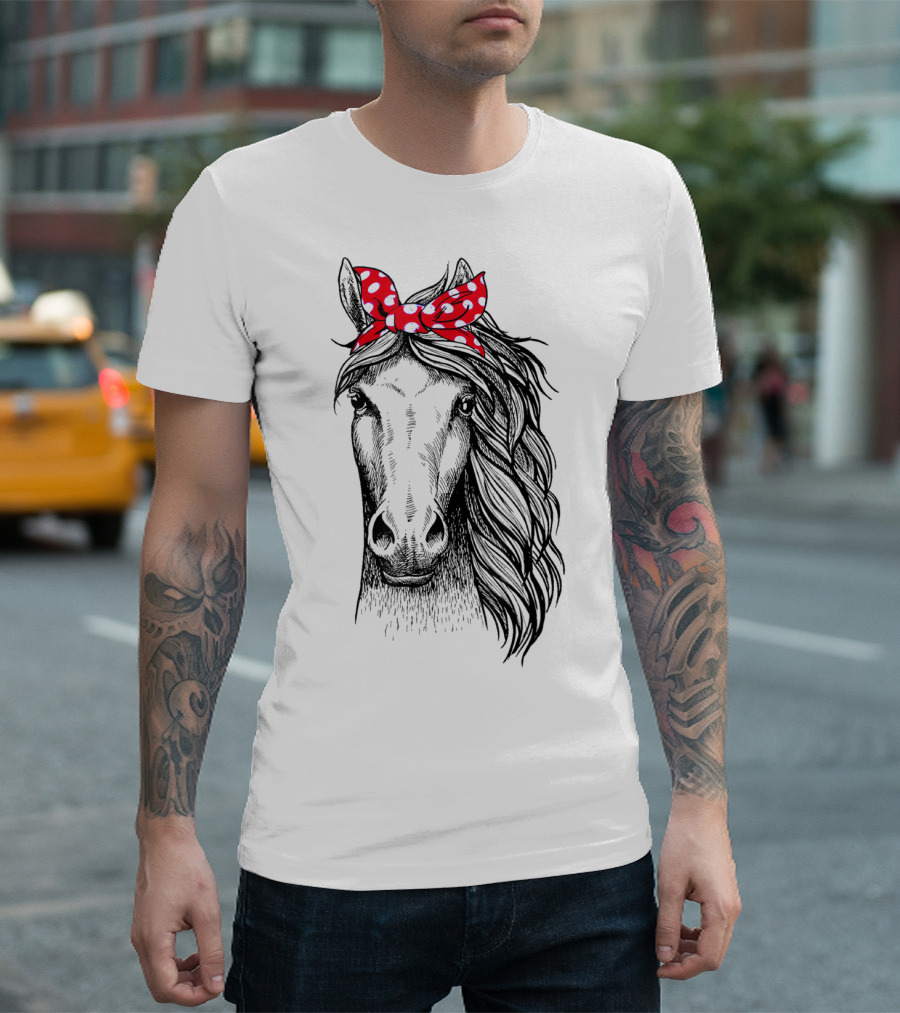Horse Bandana for Horseback Riding Lovers with Red Polka Dot Bow on Horse Head T-Shirt